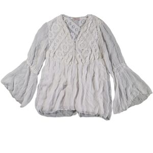 Bellambia 100% Italian Silk Bell Sleeve Lace Floral Top Size S